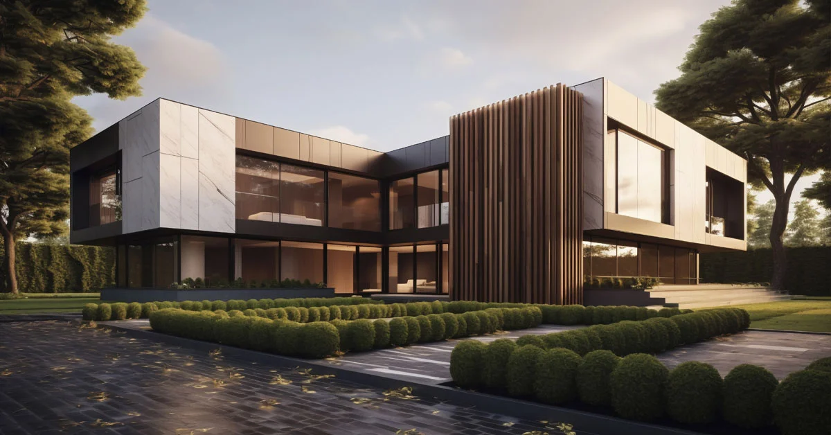 Modern house design featuring a lush garden and trees surrounding the property